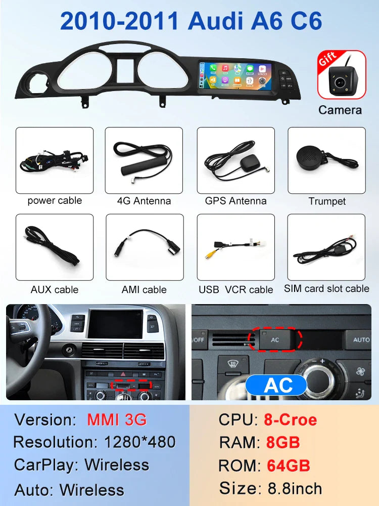 8.8" Android Screen AUDI A6 C6 2005-2011 (Black Frame)