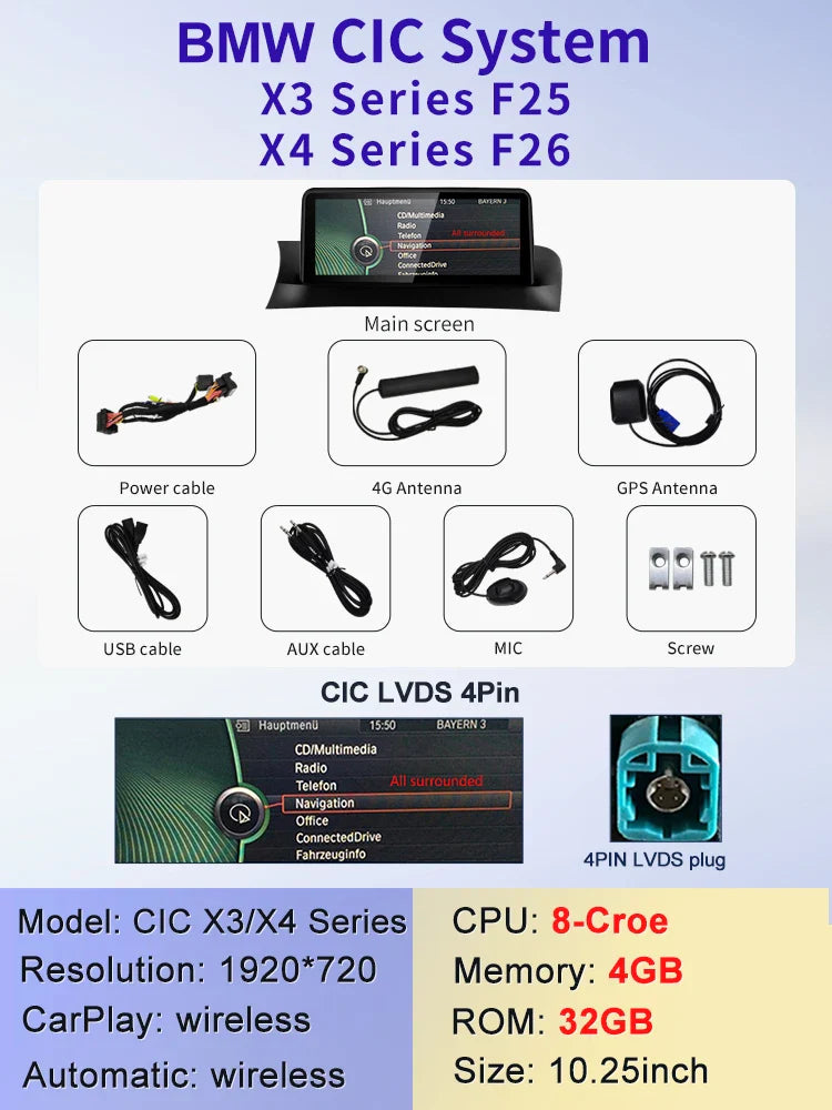 10.25" android screen BMW X3 F25 X4 F26