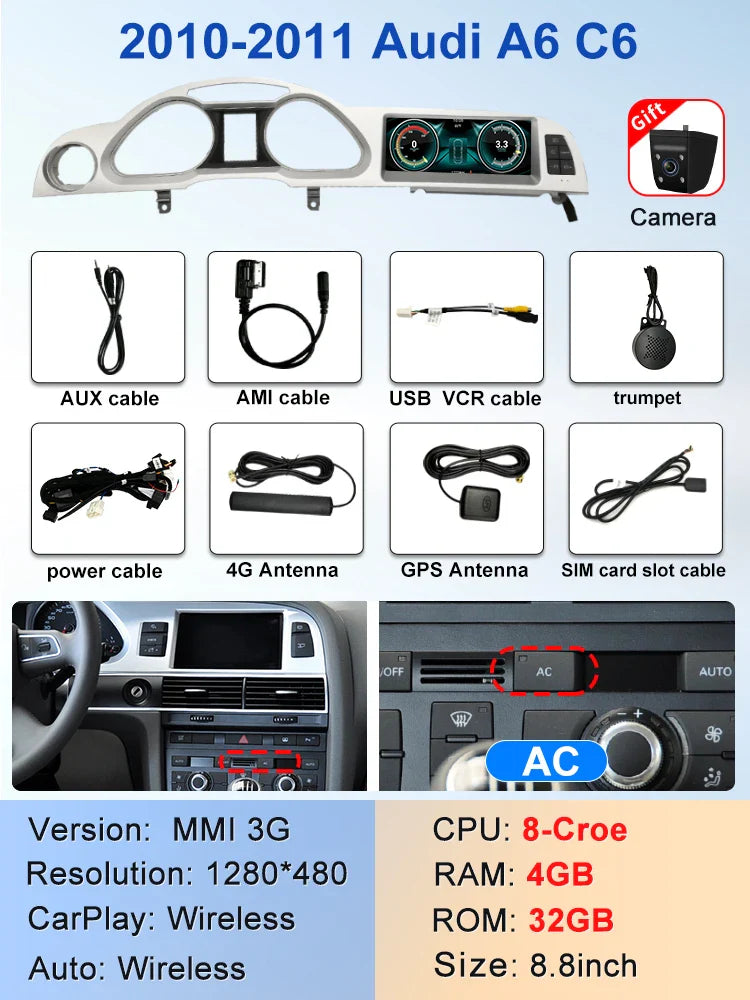 8.8" Android screen AUDI A6 C6 2005-2011 (Gray frame)