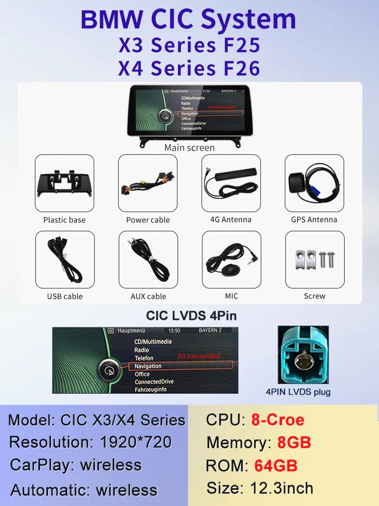 12.3" android screen BMW X3 F25 X4 F26