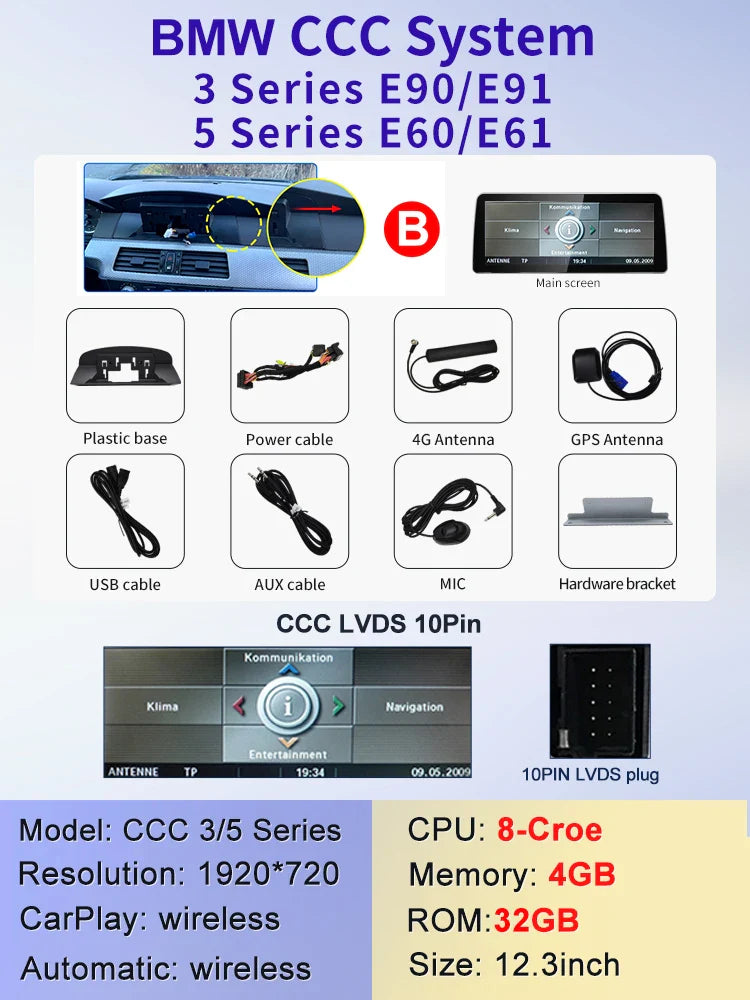 12.3" Android screen BMW 3 series E90 E91 E92 E93 / 5 series E60 E61