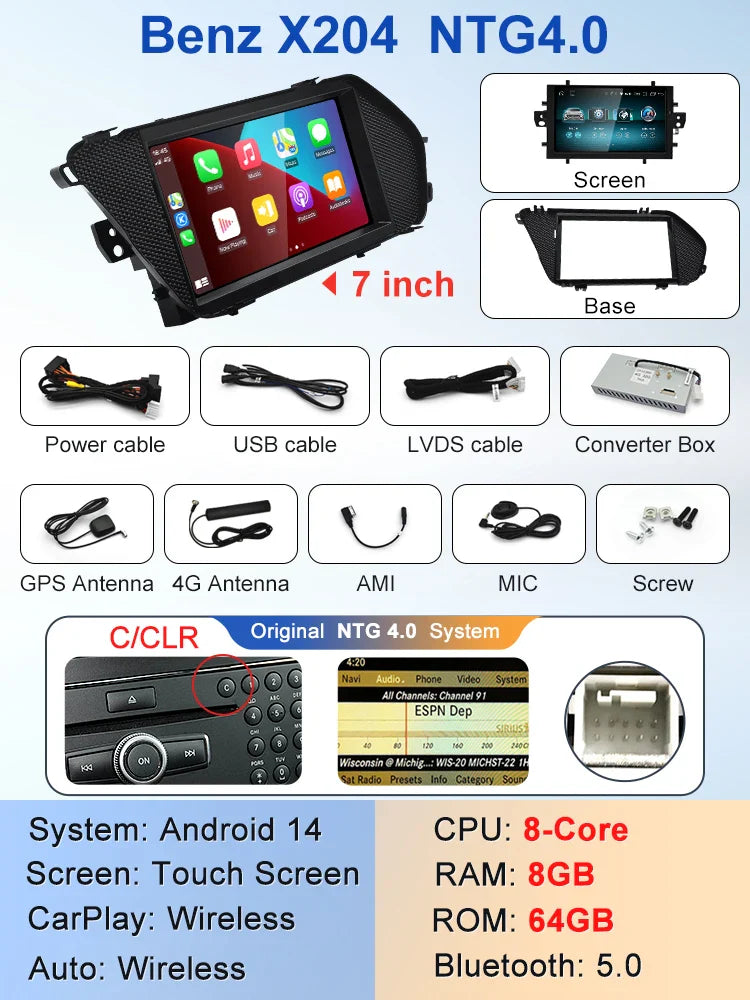 7" Android screen Mercedes Benz GLK X204