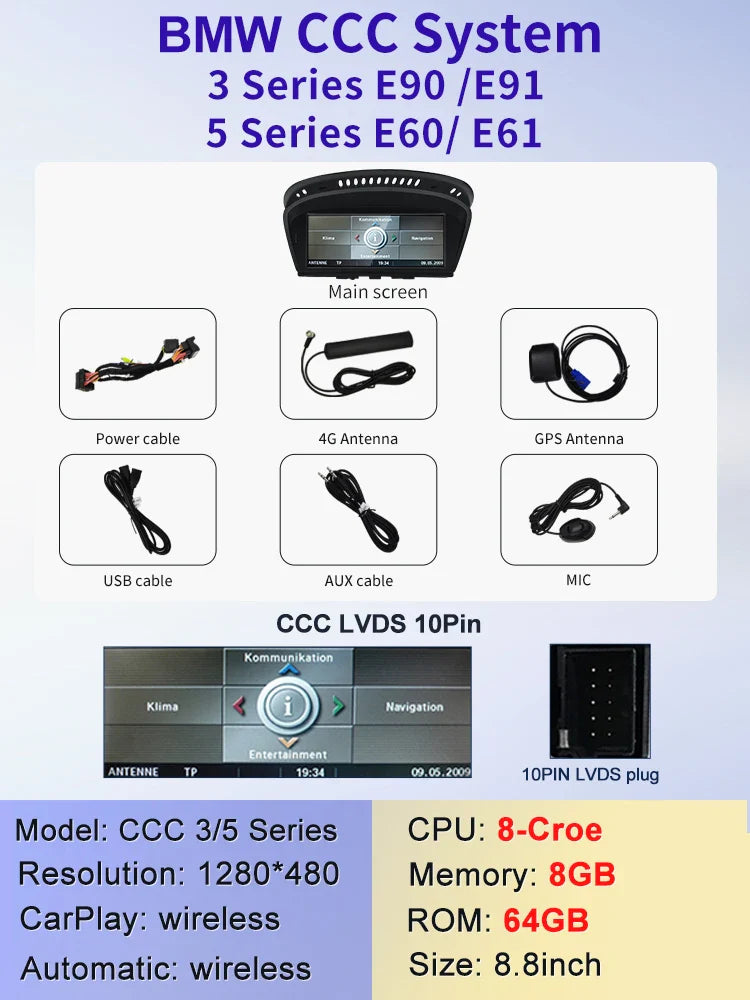 8.8" Android screen BMW 3 series E90 E91 E92 E93 / 5 series E60 E61