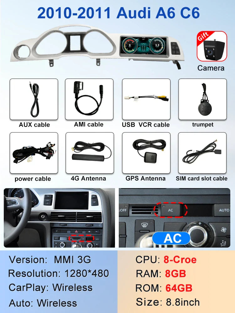 8.8" Android screen AUDI A6 C6 2005-2011 (Gray frame)