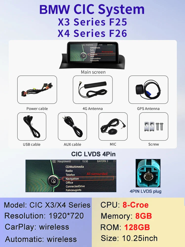 10.25" android screen BMW X3 F25 X4 F26
