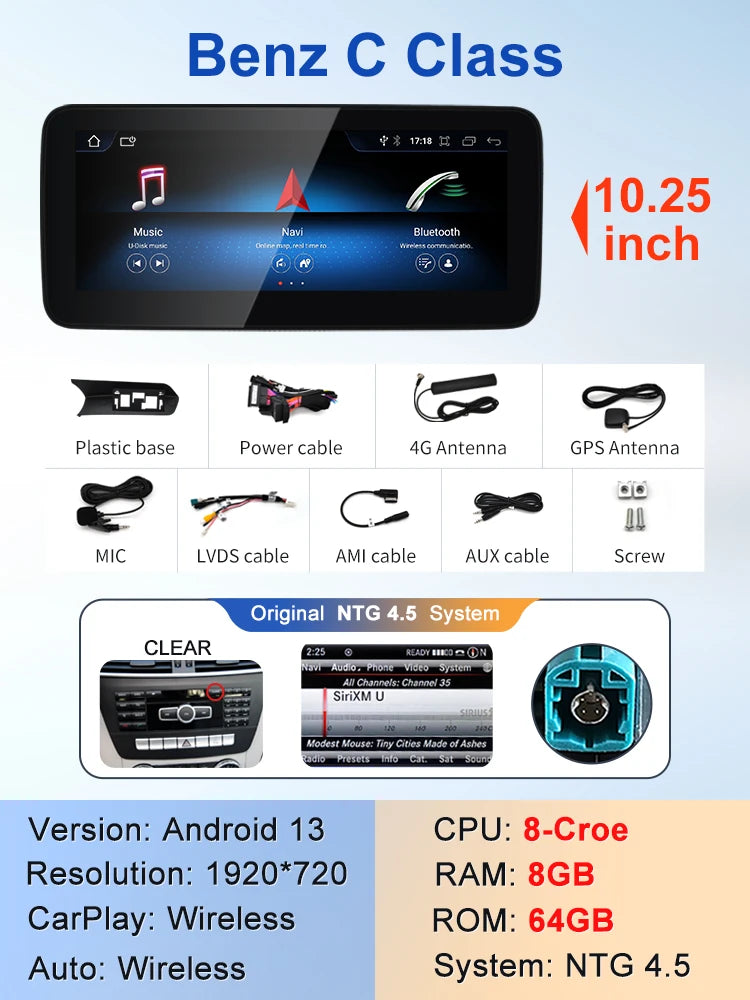 Android screen 10.25" 12.3" Mercedes Benz C Class W204 S204 2011-2015
