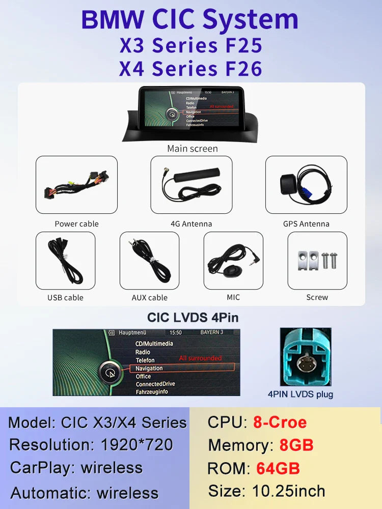 10.25" android screen BMW X3 F25 X4 F26