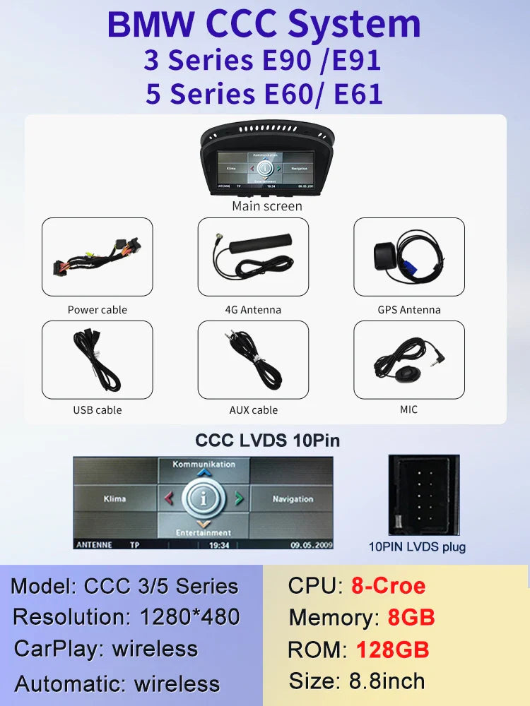8.8" Android screen BMW 3 series E90 E91 E92 E93 / 5 series E60 E61